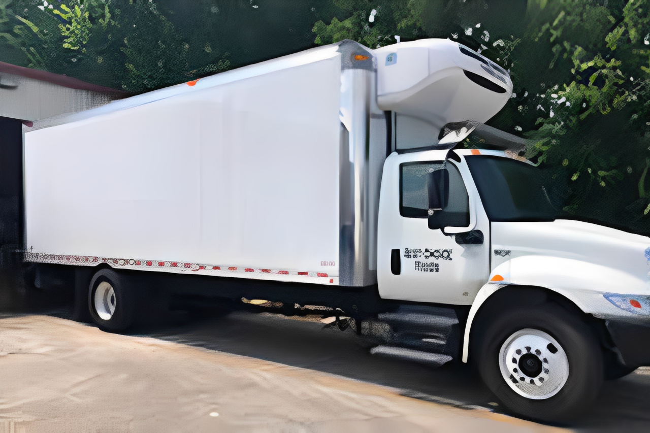 Large white truck beside warehouse entrance
